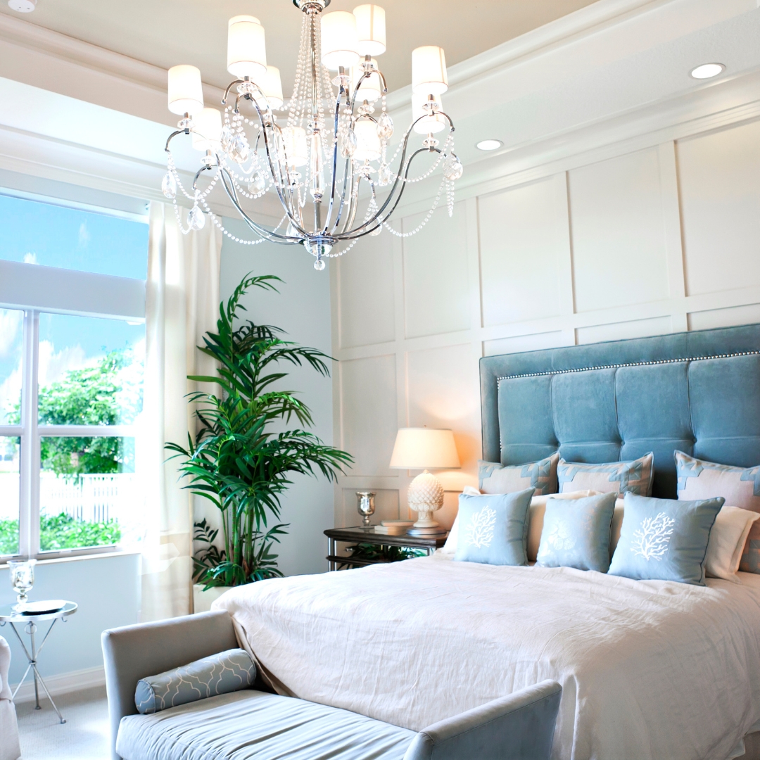pretty bedroom with chandelier